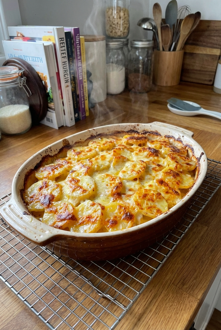A baked casserole dish of scalloped potatoes resting on a cooling rack with a golden top