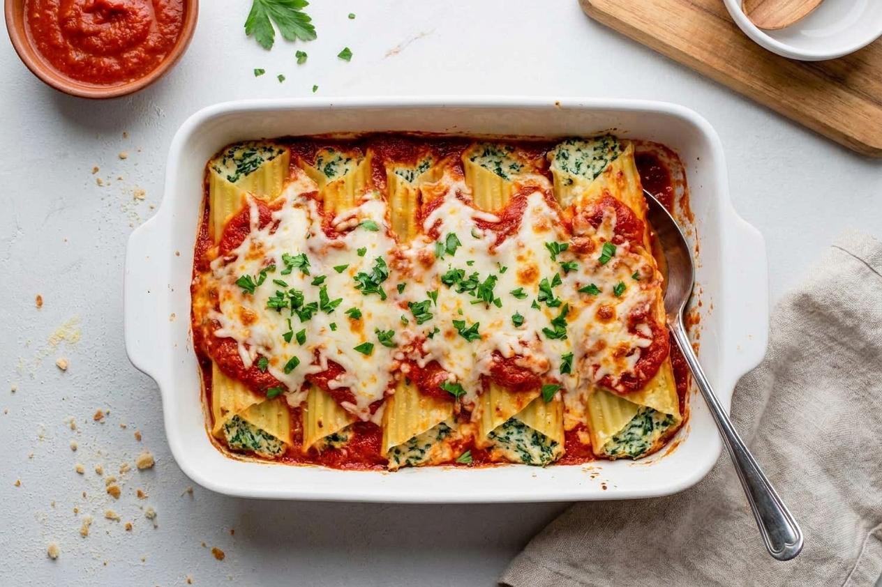 A baked casserole dish of stuffed manicotti nestled in marinara sauce, topped with melted mozzarella and chopped parsley on a warm kitchen counter
