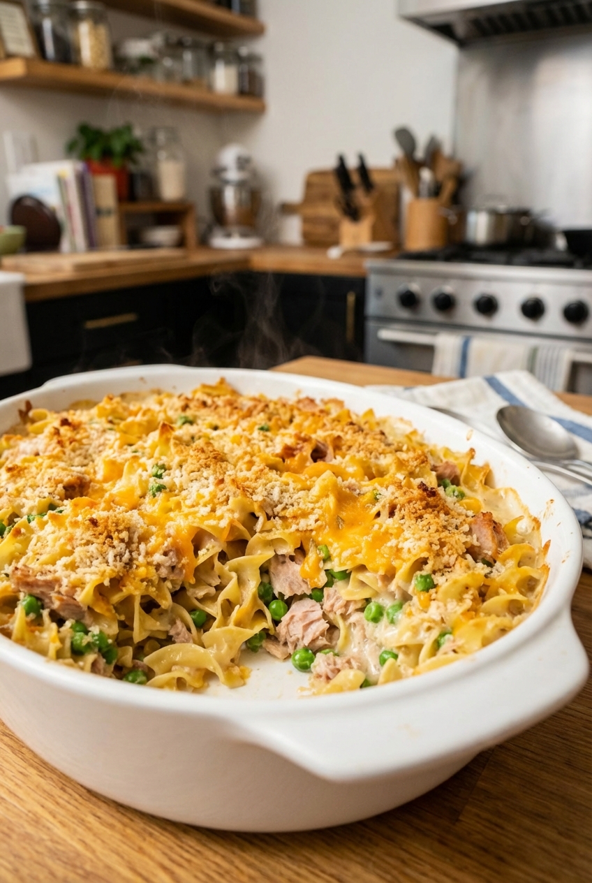 A baked casserole dish with tuna noodles and a golden top