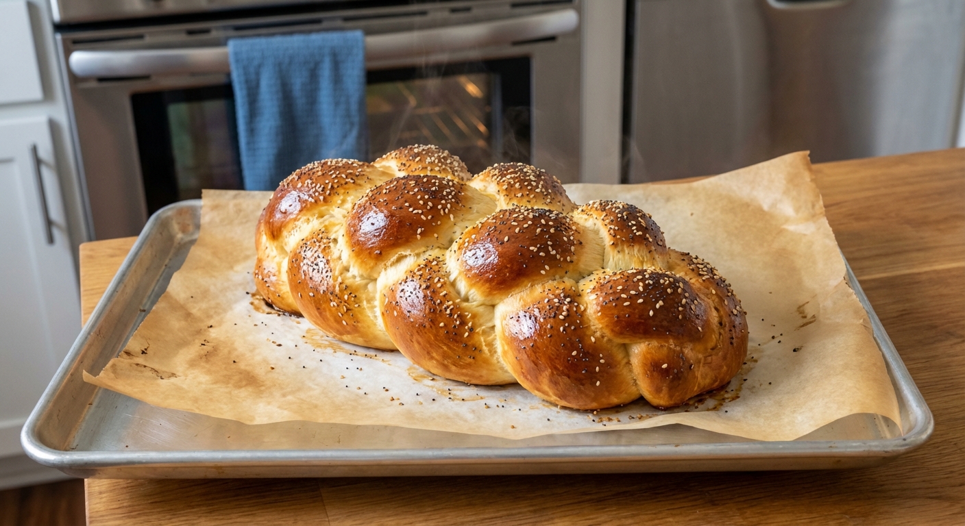 A baked challah loaf on a parchment-lined sheet pan with a glossy deep golden crust just out of the oven