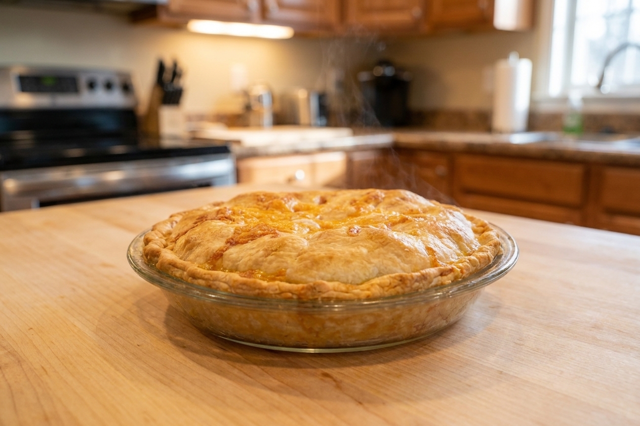 A baked cheeseburger pie in a 9-inch pie plate with a golden, lightly puffed top and browned edges, resting on a warm-toned kitchen counter with soft natural light