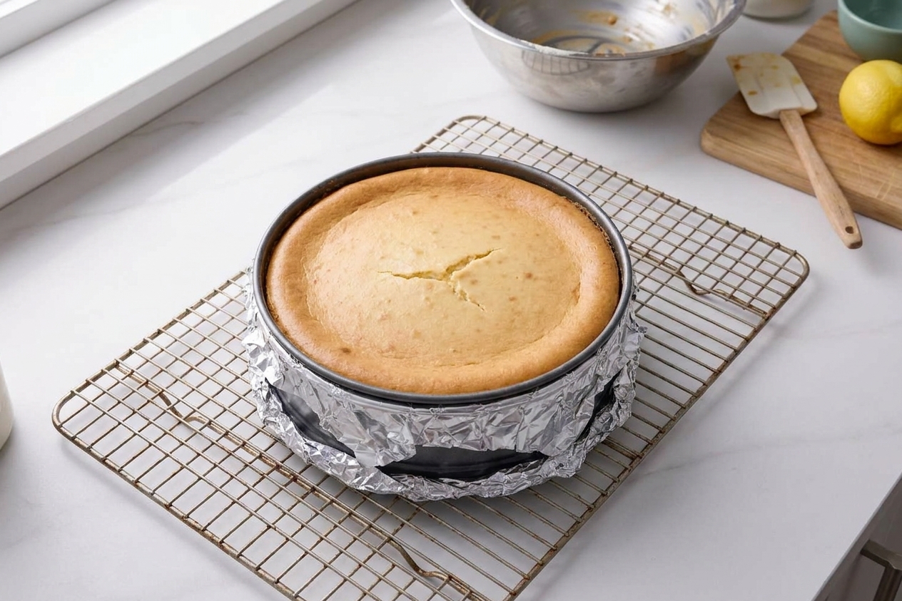 A baked cheesecake in a springform pan cooling on a wire rack on a kitchen counter in soft natural light