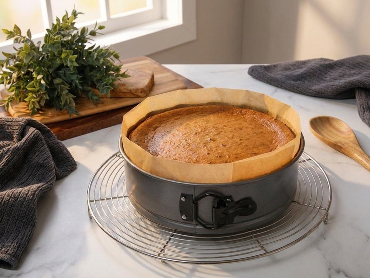 A baked cheesecake in a springform pan cooling on a wire rack on a kitchen counter with soft evening light