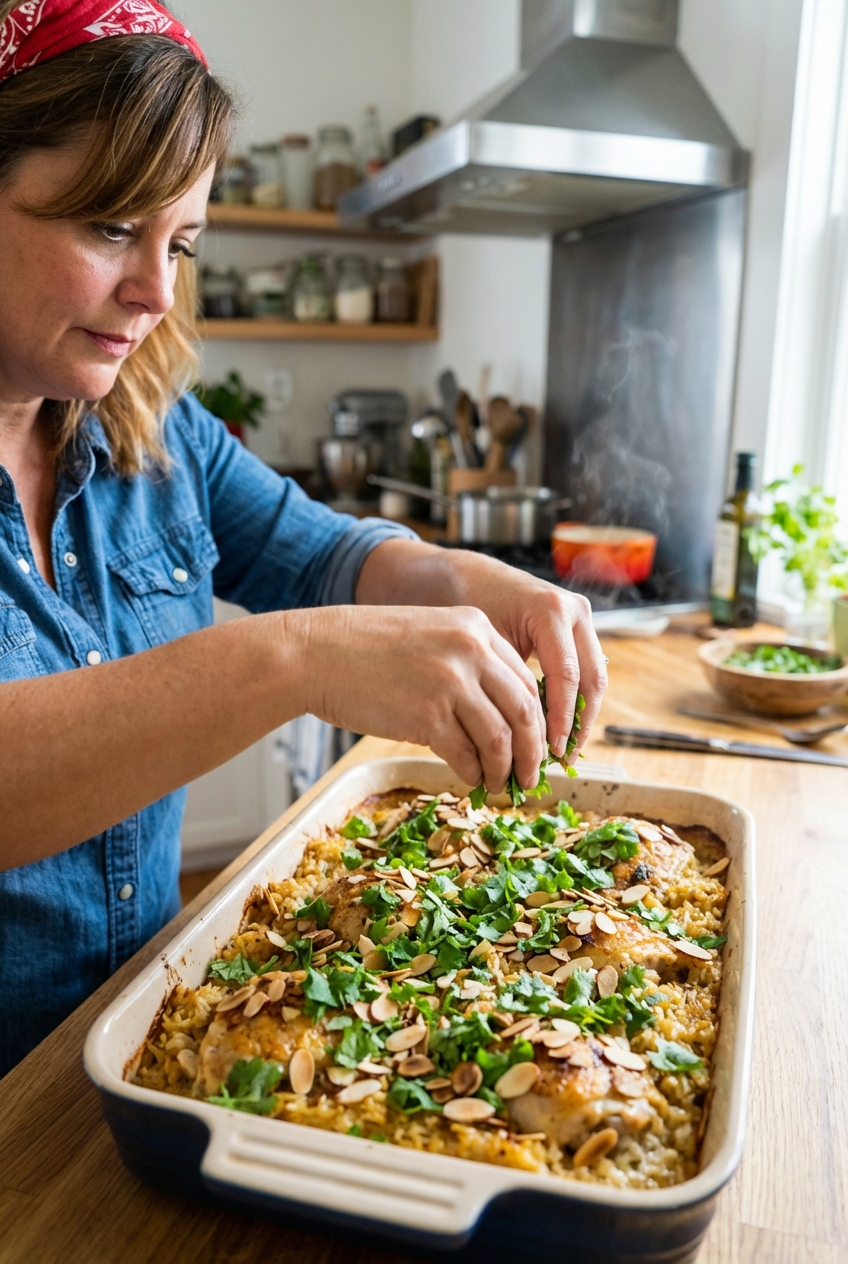 A baked chicken and rice casserole being topped with chopped cilantro and toasted almonds