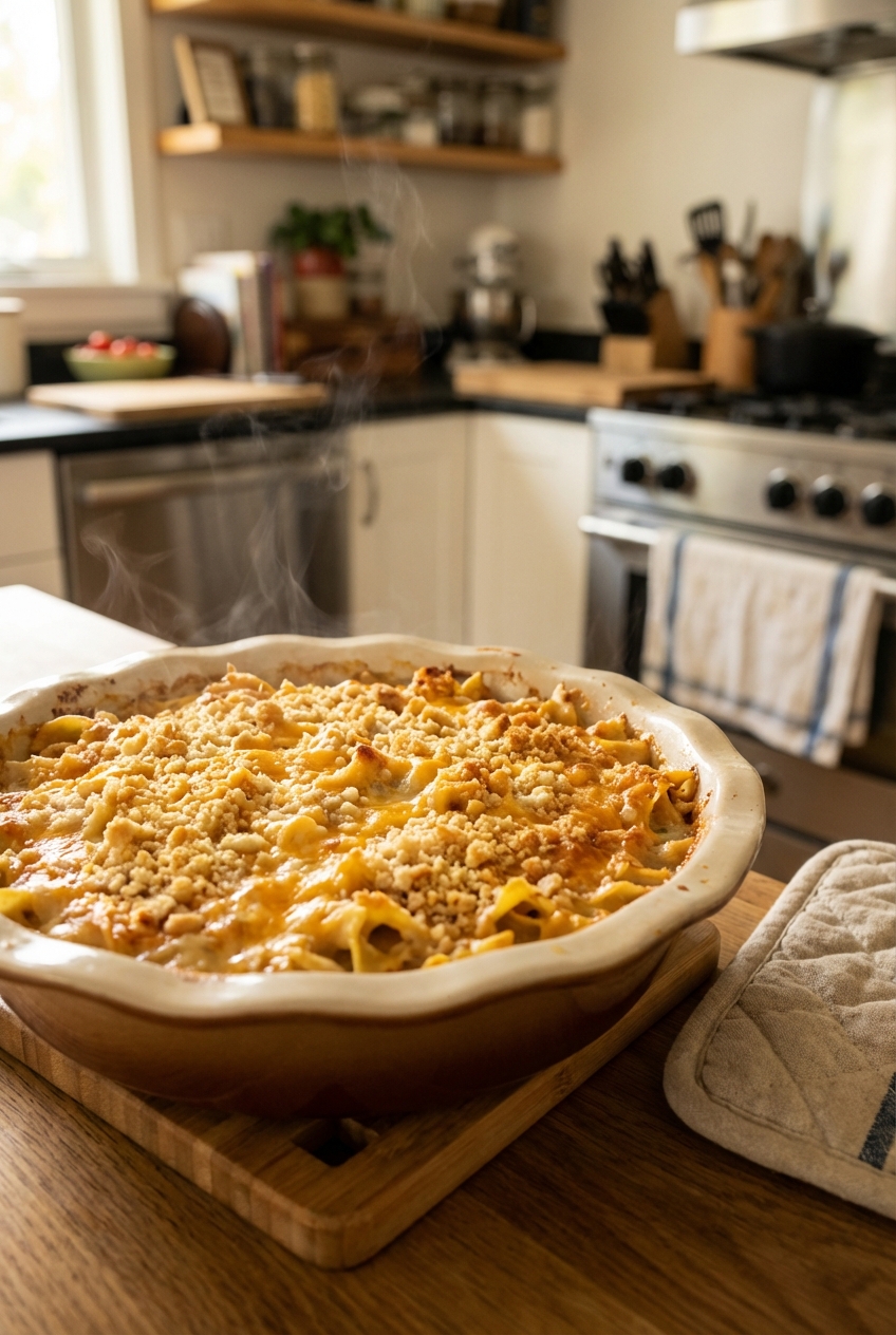 A baked chicken noodle casserole fresh from the oven with golden cracker topping and bubbling edges