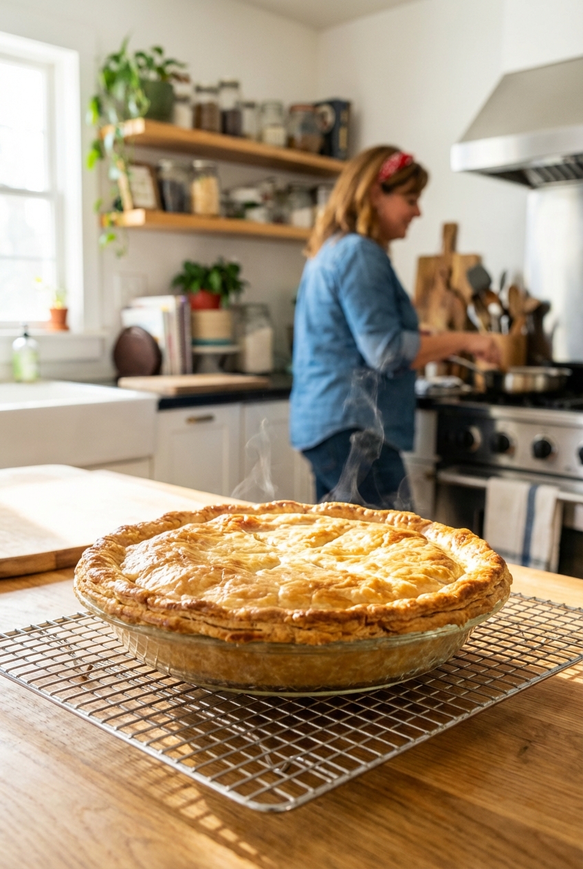A baked chicken pot pie with a golden crust cooling on a wire rack in a bright kitchen