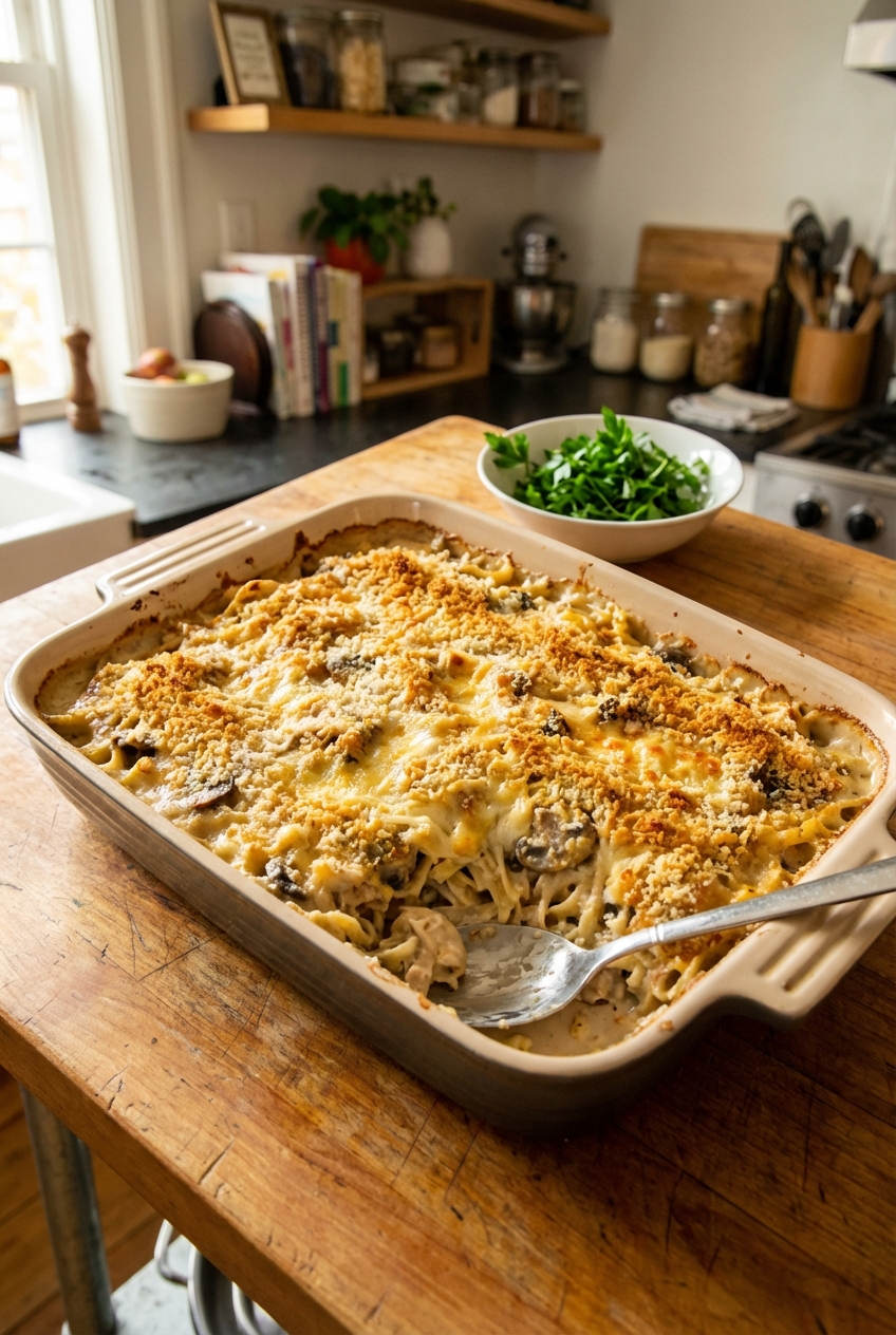 A baked chicken tetrazzini casserole resting on a counter with a serving spoon beside it and a small bowl of parsley in the background