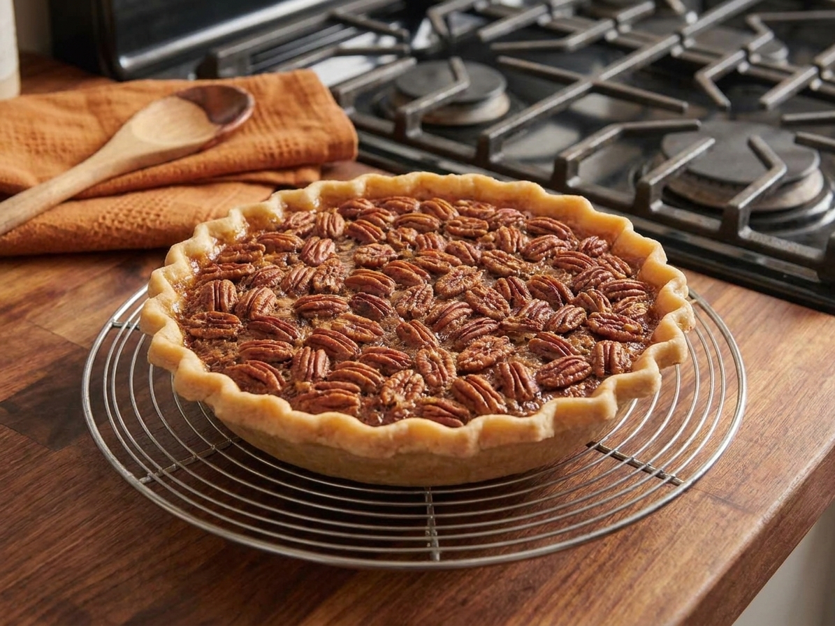 A baked chocolate pecan pie cooling on a wire rack with toasted pecans on top