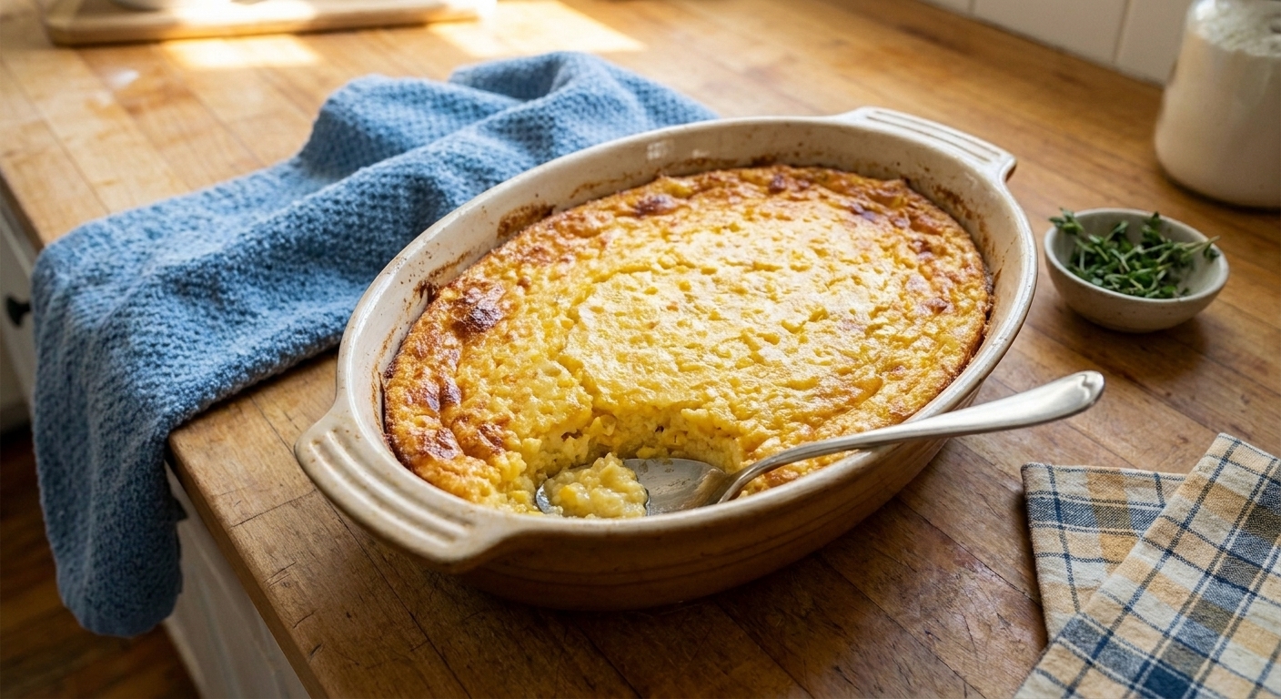 A baked corn pudding casserole in a ceramic baking dish with golden brown edges and a soft custardy center, set on a warm kitchen table