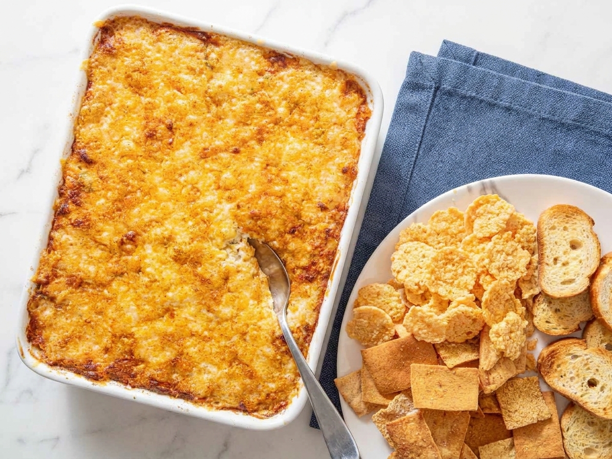 A baked crabmeat dip in a small casserole dish on a table with crackers and toasted baguette slices, ready for serving