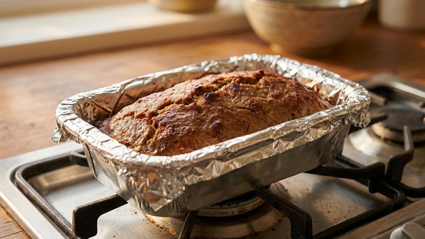 A baked doner meat loaf resting in a foil-lined loaf pan on a stovetop with warm kitchen lighting