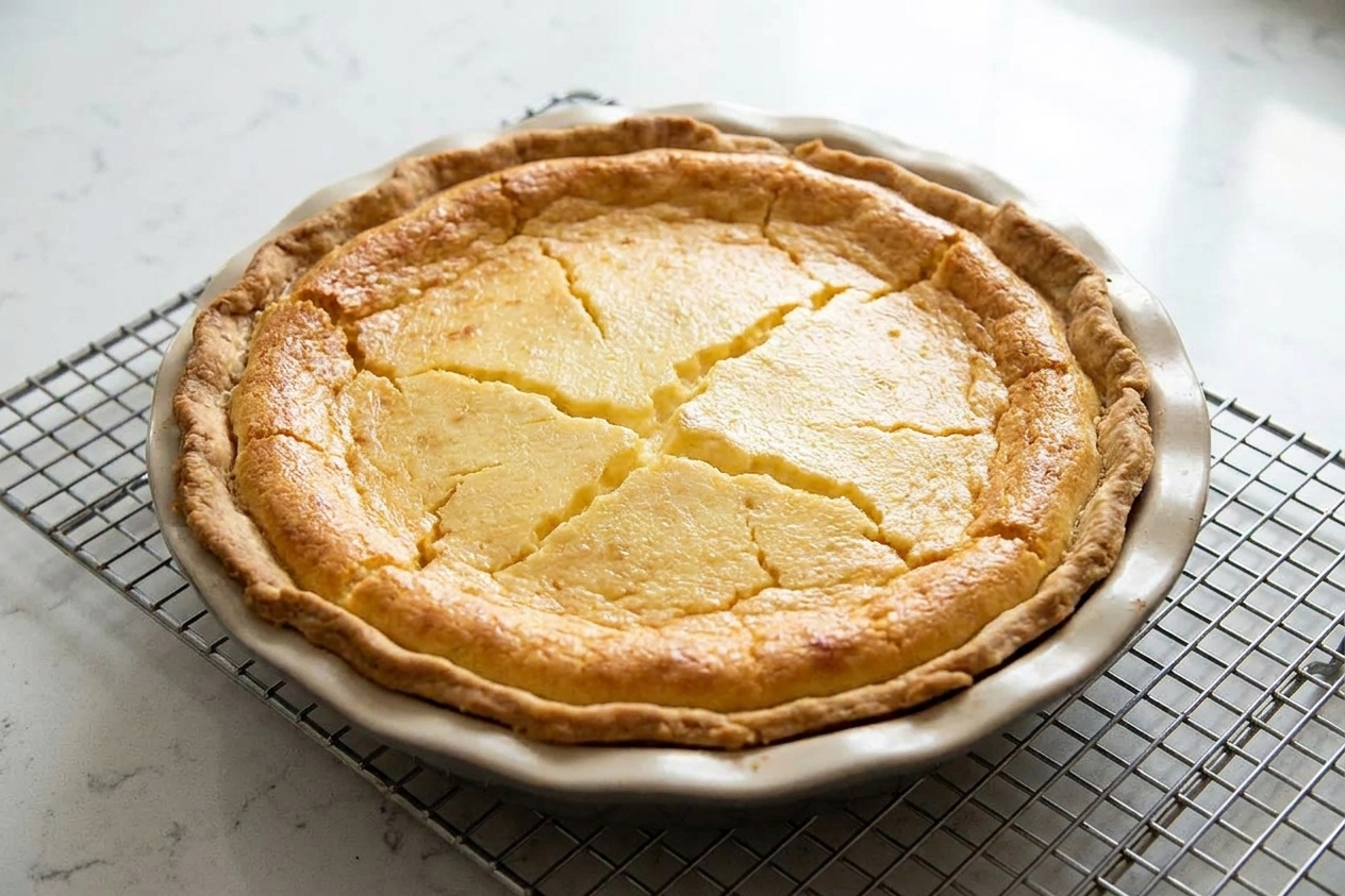 A baked egg custard pie with visible cracks across the surface, shown for troubleshooting overbaking