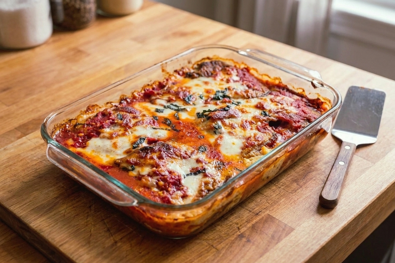 A baked eggplant lasagna in a glass baking dish resting on a wooden cutting board with a serving spatula nearby