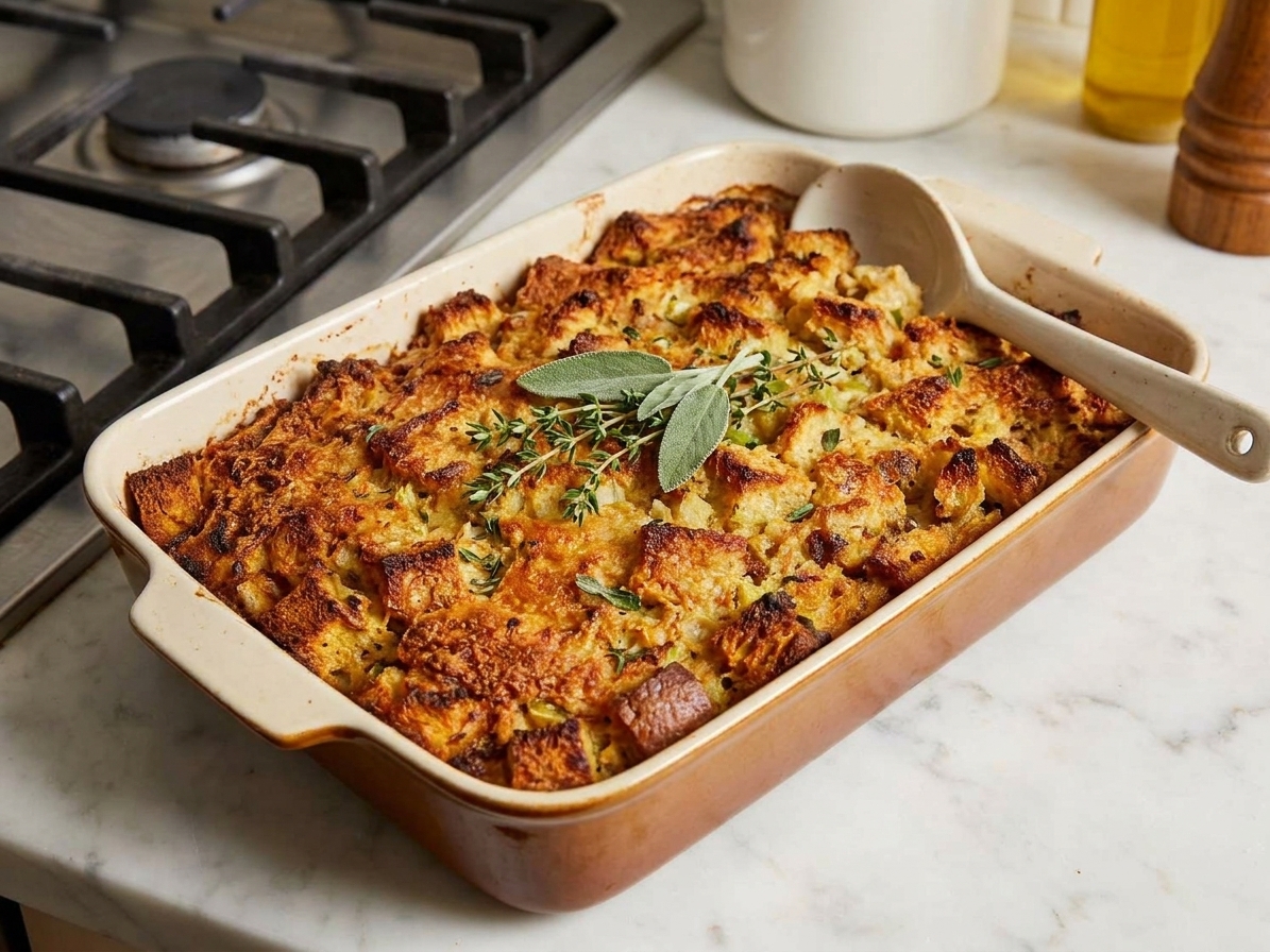 A baked gluten free stuffing casserole with a crisp golden top resting on a kitchen counter