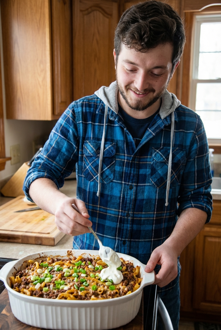 A baked ground beef casserole being topped with green onions and a dollop of sour cream