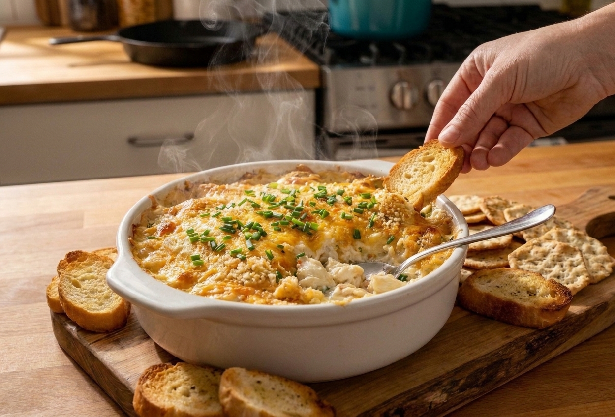 A baked hot crab dip with a golden bubbly top garnished with chives, served on a table with crackers and toasted baguette slices