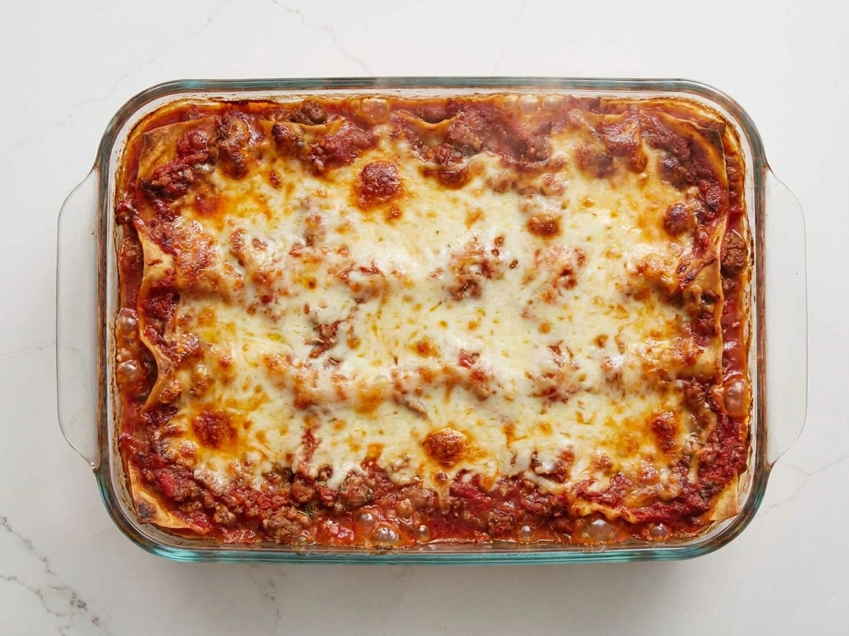 A baked lasagna in a glass baking dish with browned melted cheese on top and bubbling sauce at the edges