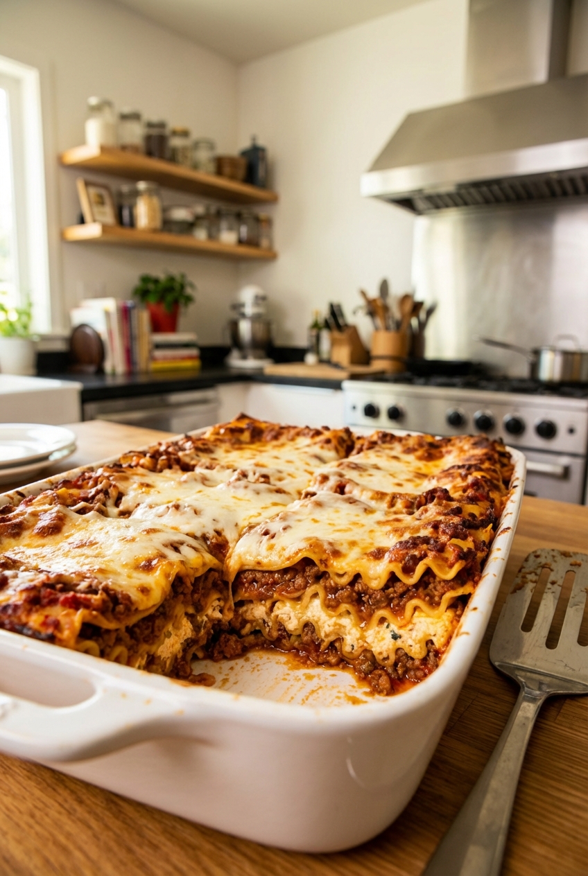 A baked lasagna in a white casserole dish with visible layers of meat sauce, noodles, ricotta, and melted mozzarella, resting on a wooden counter
