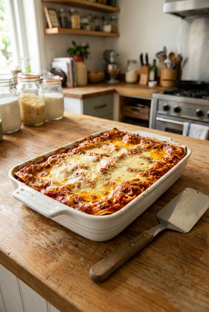 A baked lasagne resting in its baking dish on a kitchen counter with a serving spatula nearby