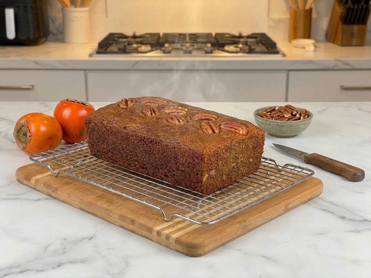 A baked loaf of persimmon bread cooling on a wire rack on a kitchen counter