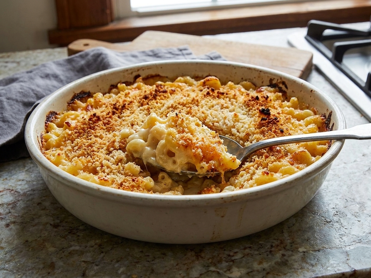 A baked mac and cheese casserole in a ceramic baking dish with a golden breadcrumb topping on a kitchen counter