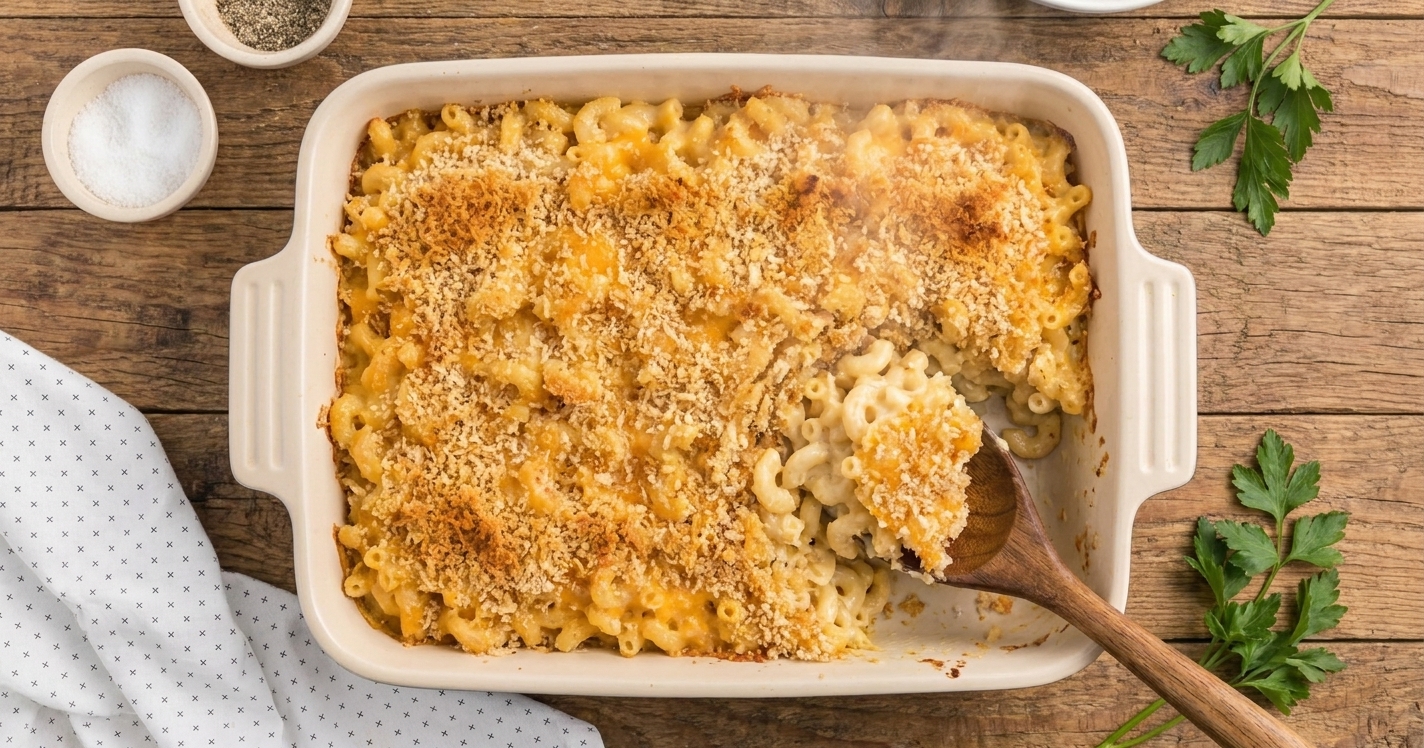A baked mac and cheese casserole with golden breadcrumb topping in a ceramic baking dish on a wooden table