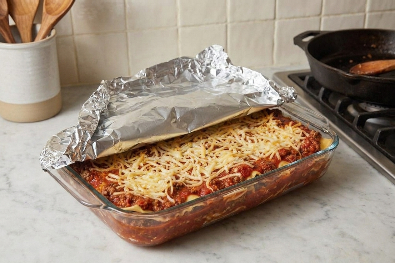 A baked meat lasagna resting in a glass baking dish on a kitchen counter with a loose foil tent, showing a golden cheese top