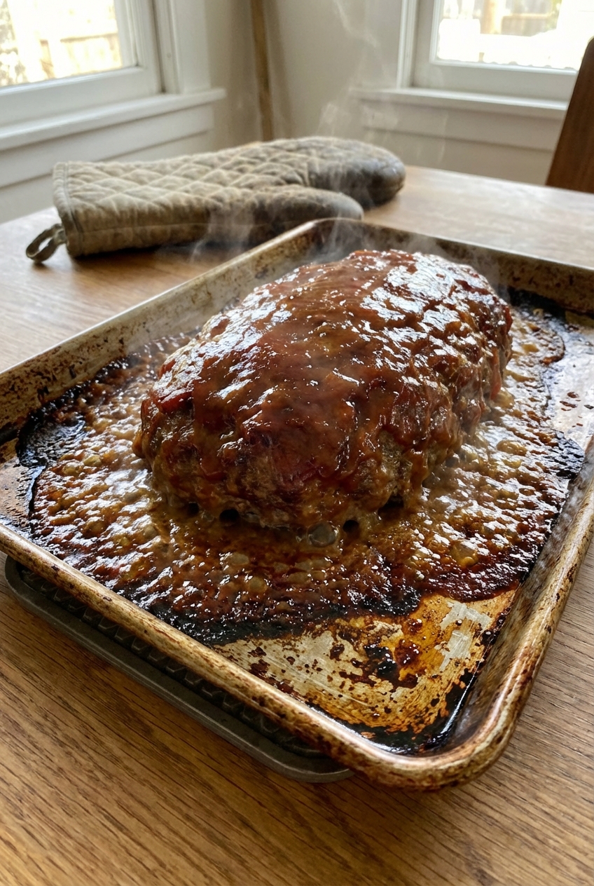 A baked meatloaf on a sheet pan with glaze bubbling at the edges, right out of the oven