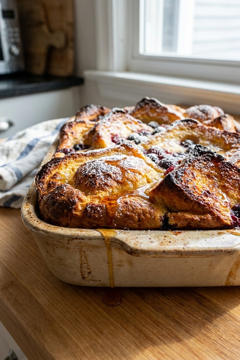 A baked overnight French toast casserole with a puffed, golden-brown top and crisp edges in a ceramic baking dish on a kitchen counter, real food photography