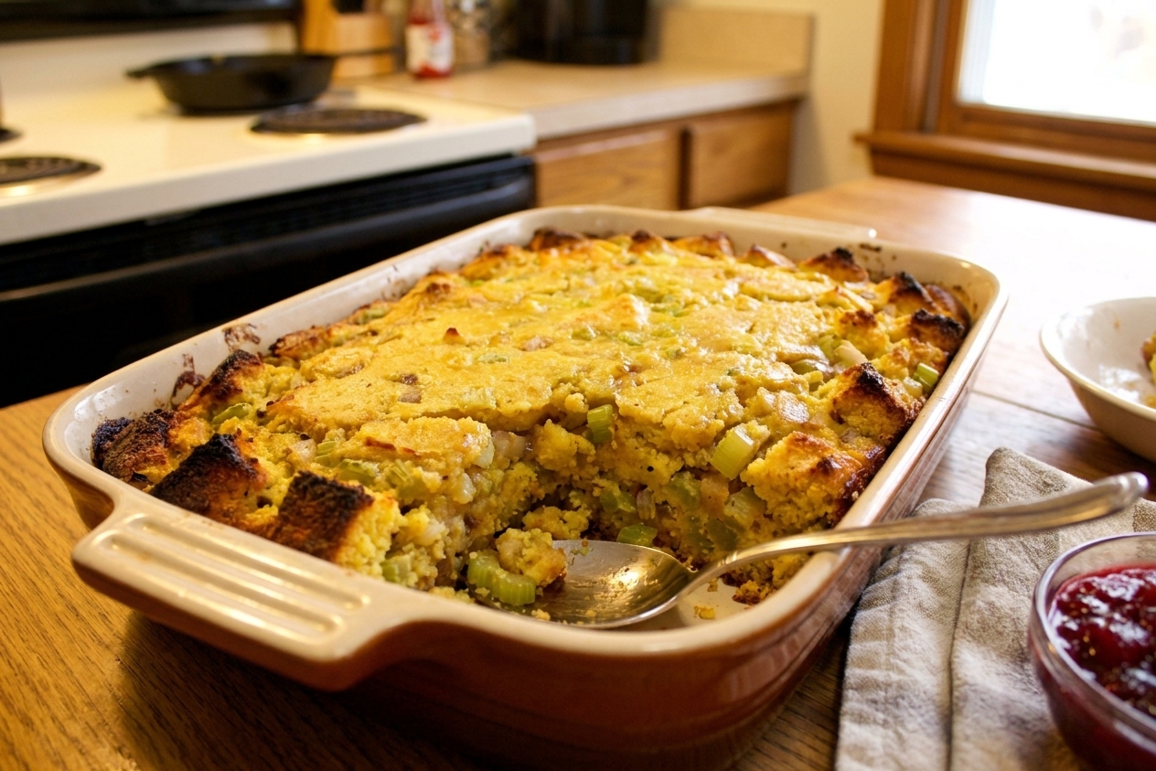 A baked pan of cornbread dressing with a golden top and browned corners sitting on a kitchen table