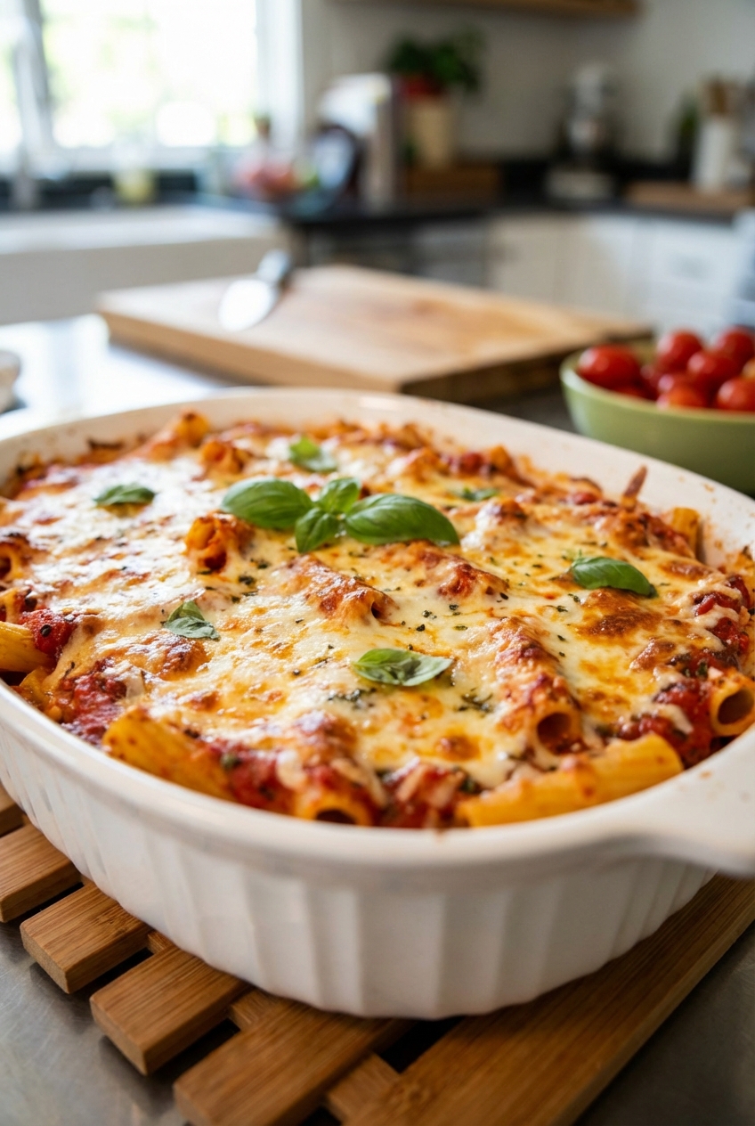A baked pasta dish with bubbling cheese and marinara in a white casserole dish
