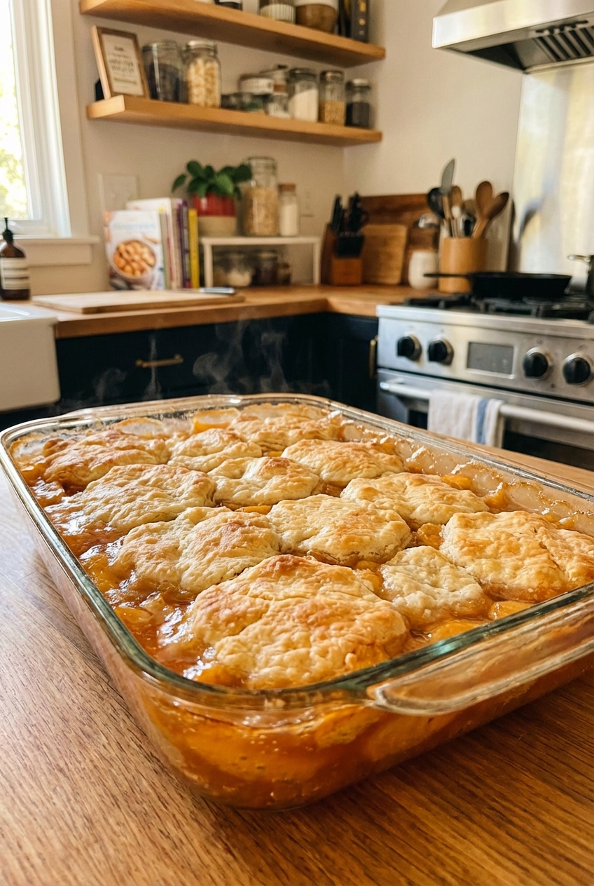 A baked peach cobbler in a 9x13-inch dish with a golden topping