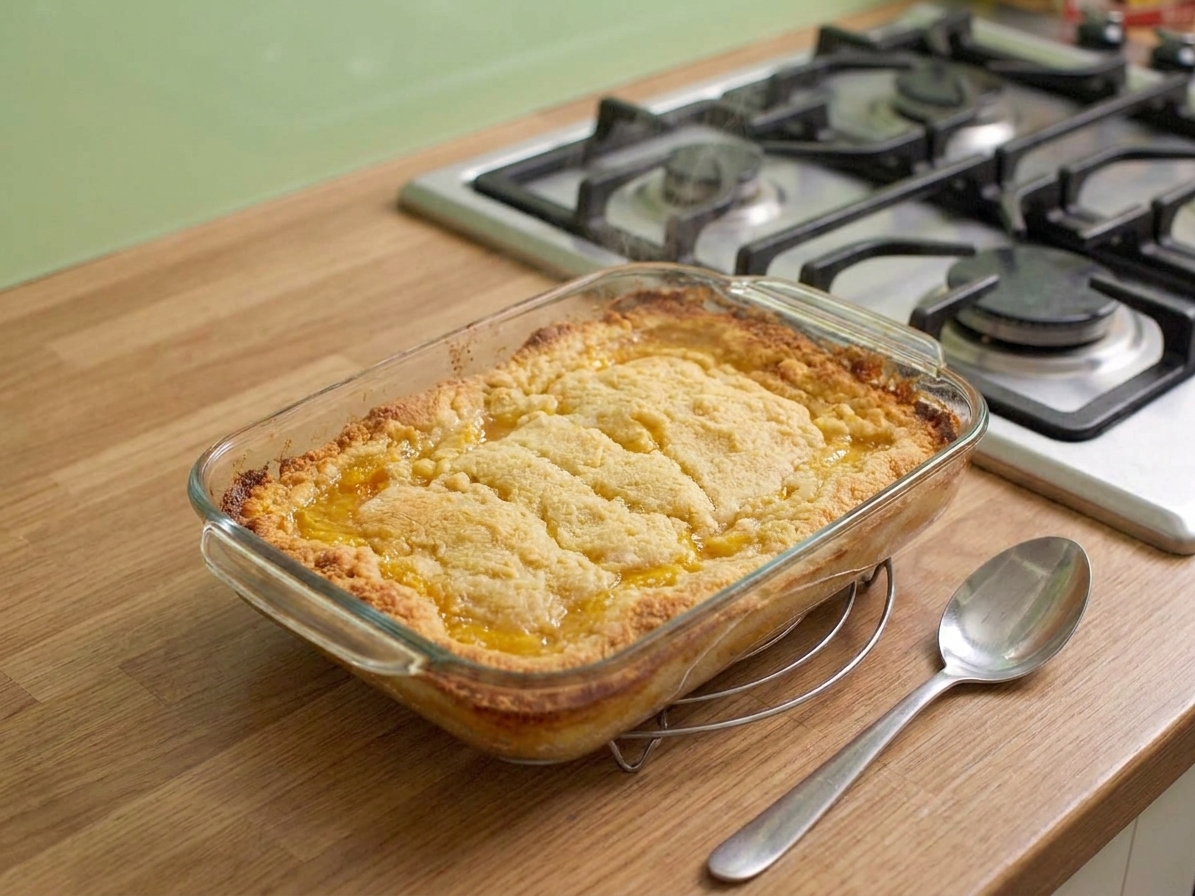 A baked peach dump cake cooling on a kitchen counter in warm light with a serving spoon beside the dish