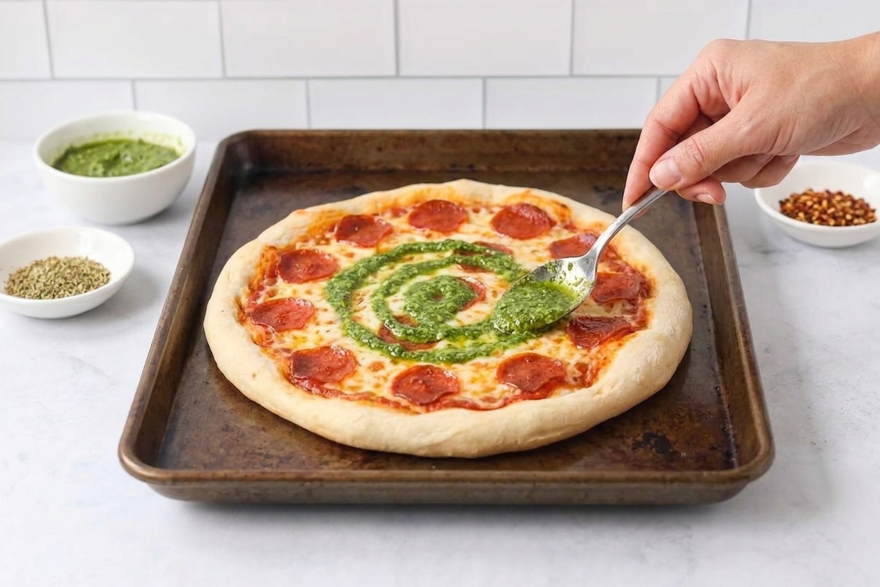 A baked pepperoni pizza on a pan while a spoon swirls bright green pesto into the melted cheese near the center