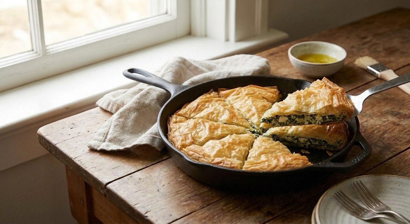A baked phyllo spinach and feta skillet pie cut into wedges, showing crisp layers and green filling