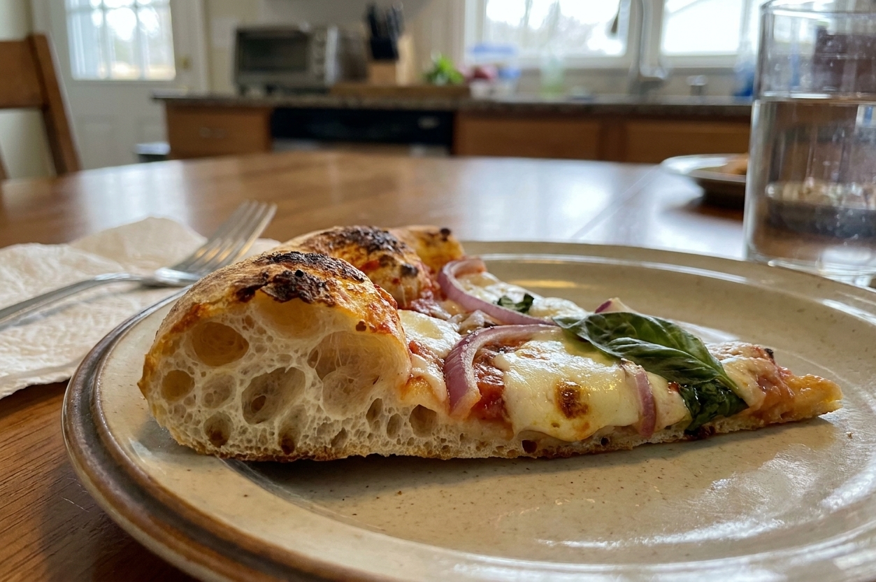 A baked pizza slice showing airy crust bubbles and browned edges on a plate at a dinner table