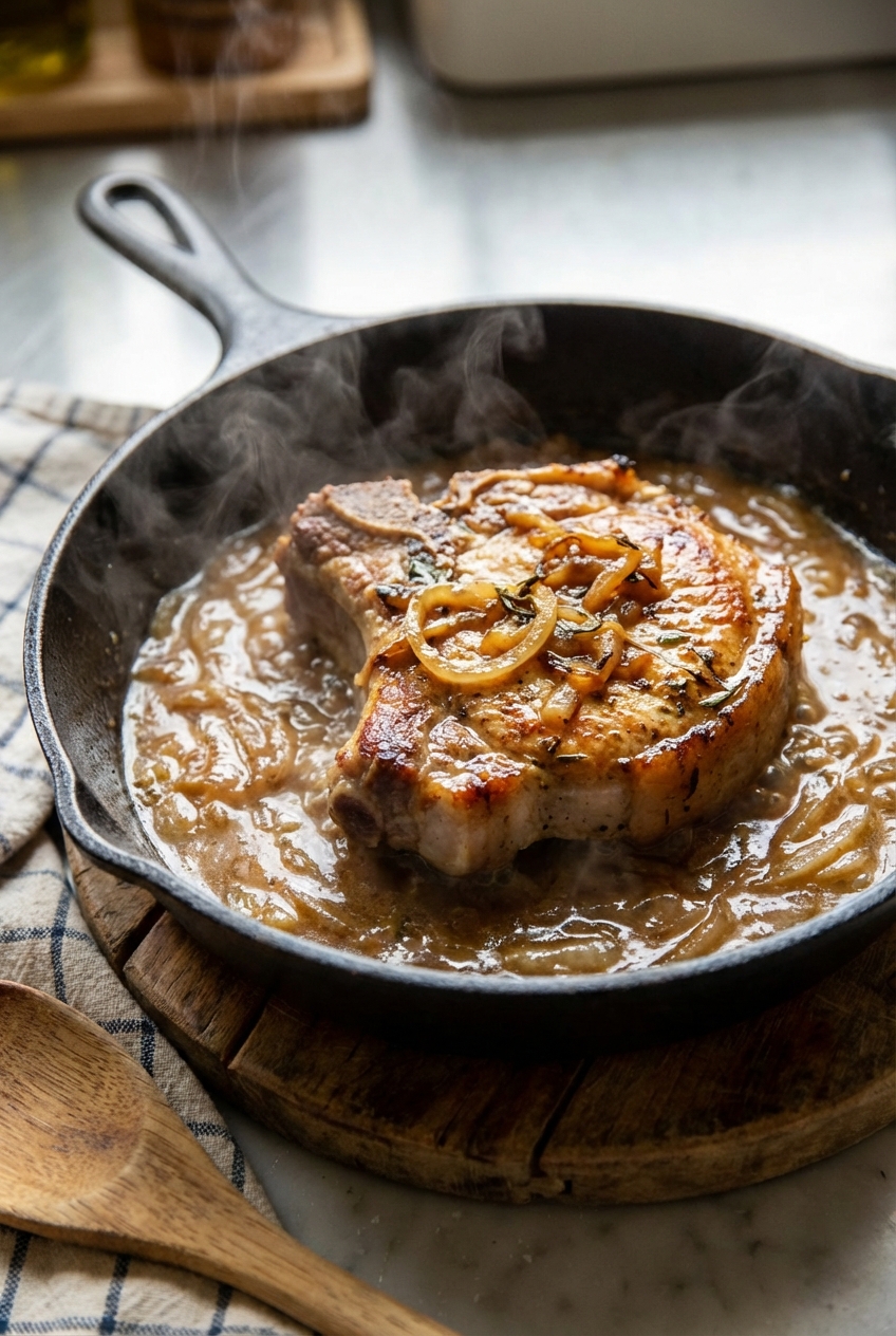 A baked pork chop in a skillet with onion gravy bubbling around the edges just out of the oven