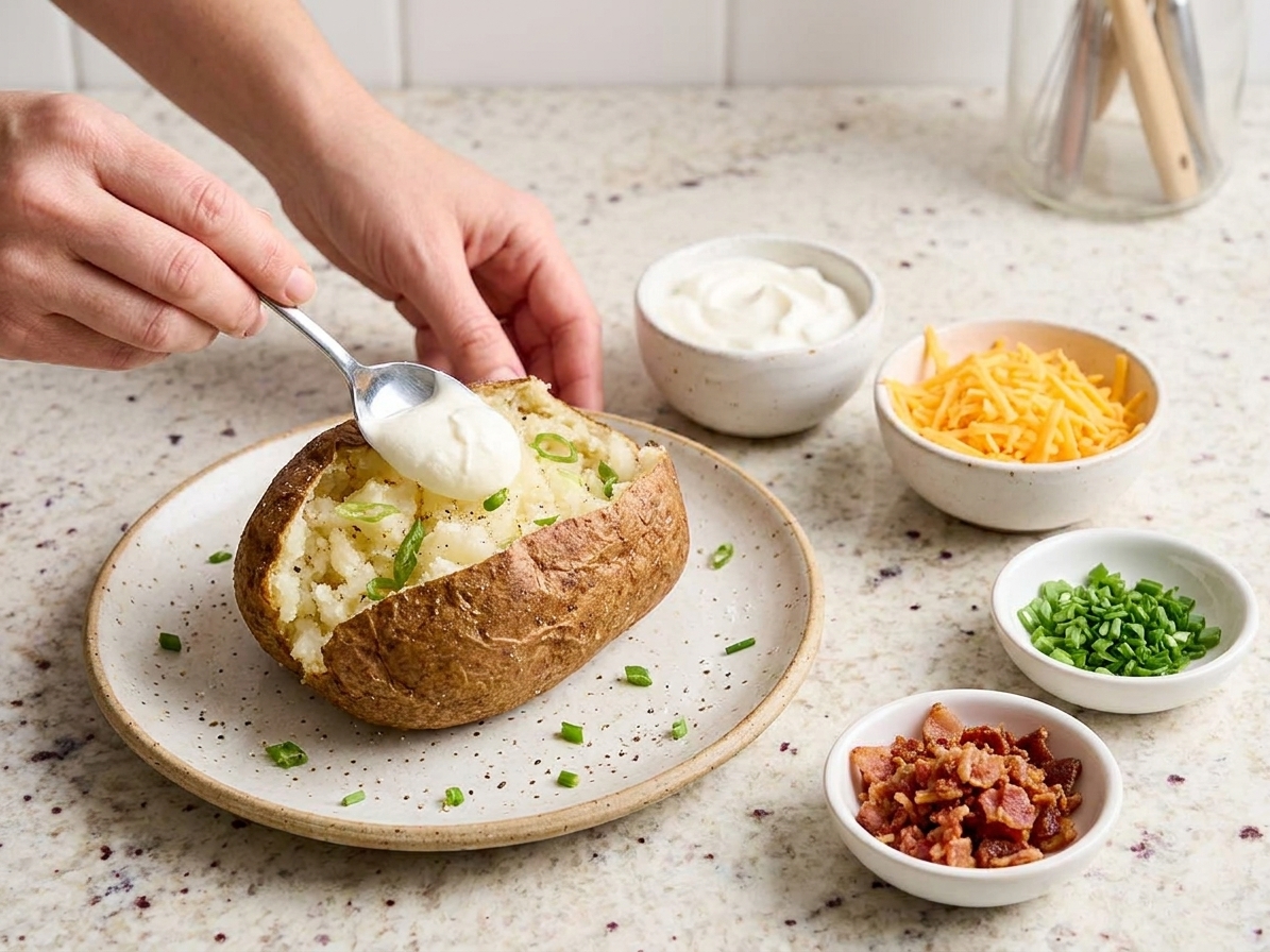 A baked potato split open on a plate with small bowls of sour cream, shredded cheddar, chopped chives, and crumbled bacon on a kitchen table