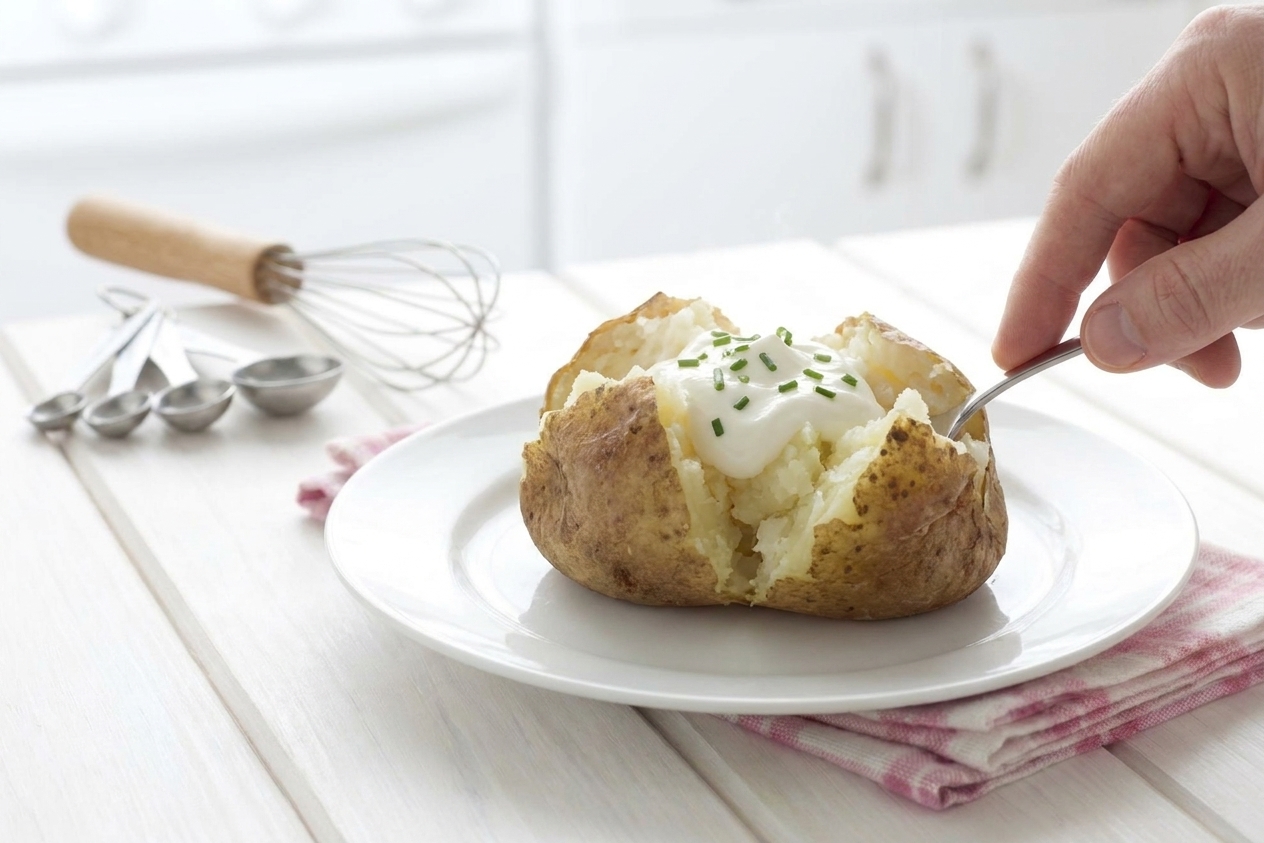 A baked potato split open with a generous dollop of crème fraîche melting into the center on a simple plate