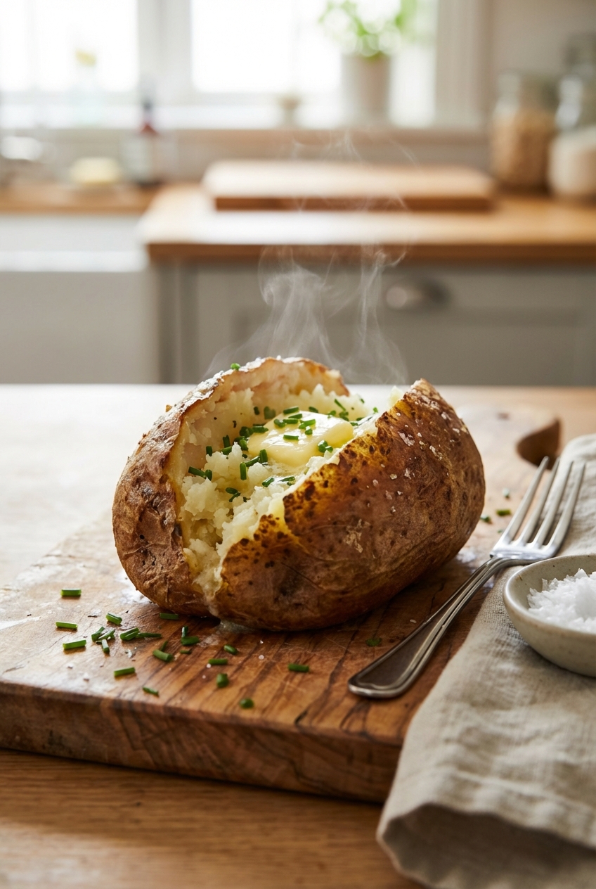 A baked potato split open with butter and chives