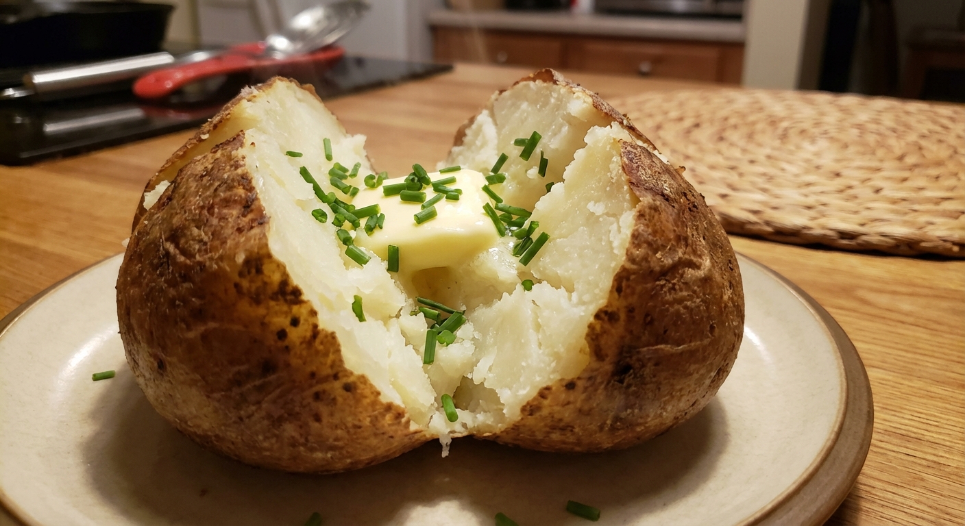 A baked potato split open with butter and chives