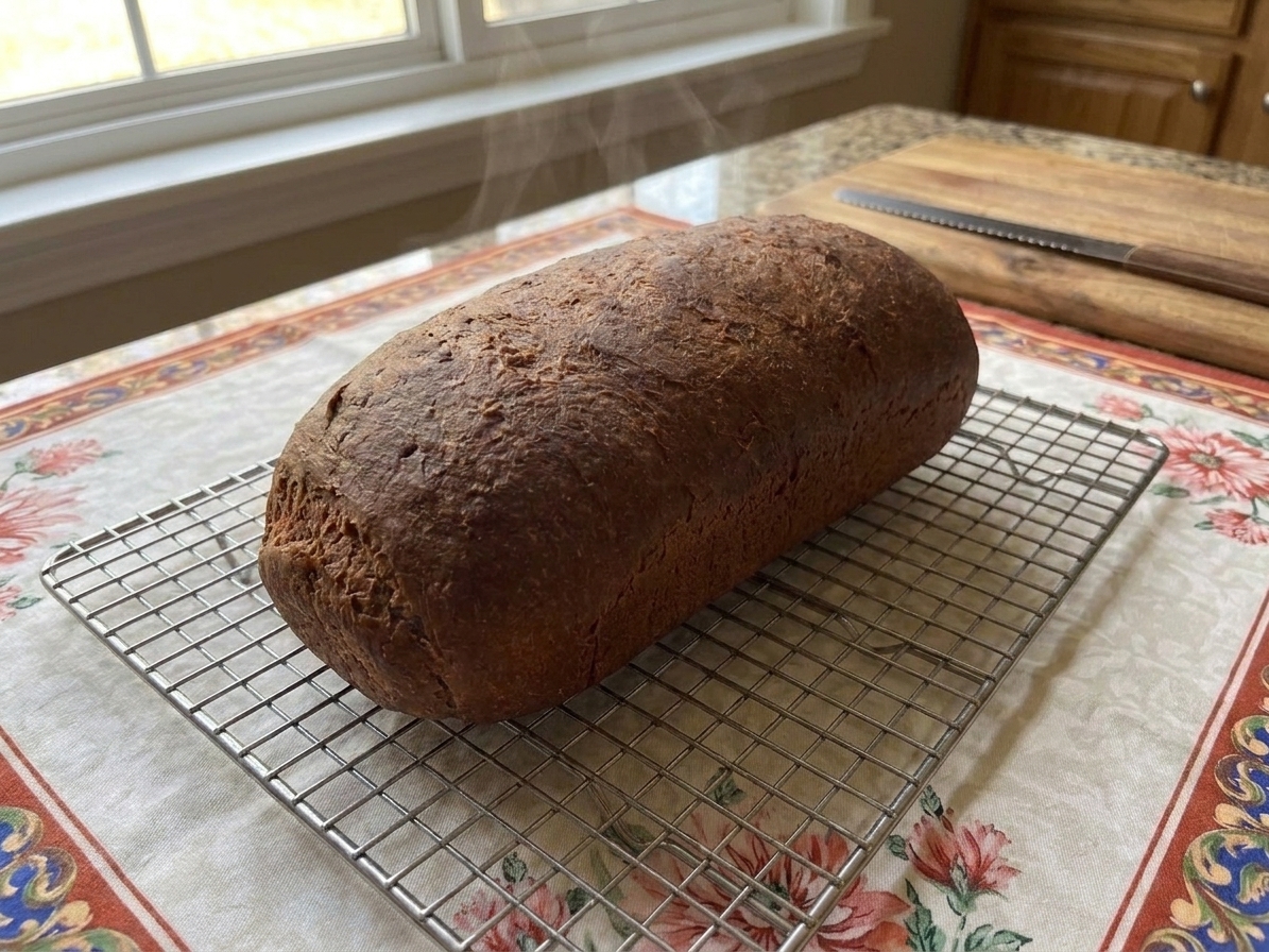 A baked pumpernickel loaf cooling on a wire rack on a kitchen counter