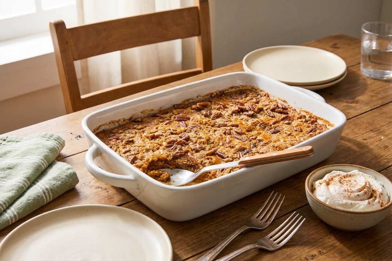 A baked pumpkin dump cake in its dish on a simple dining table setting with plates, forks, and a small bowl of whipped cream nearby