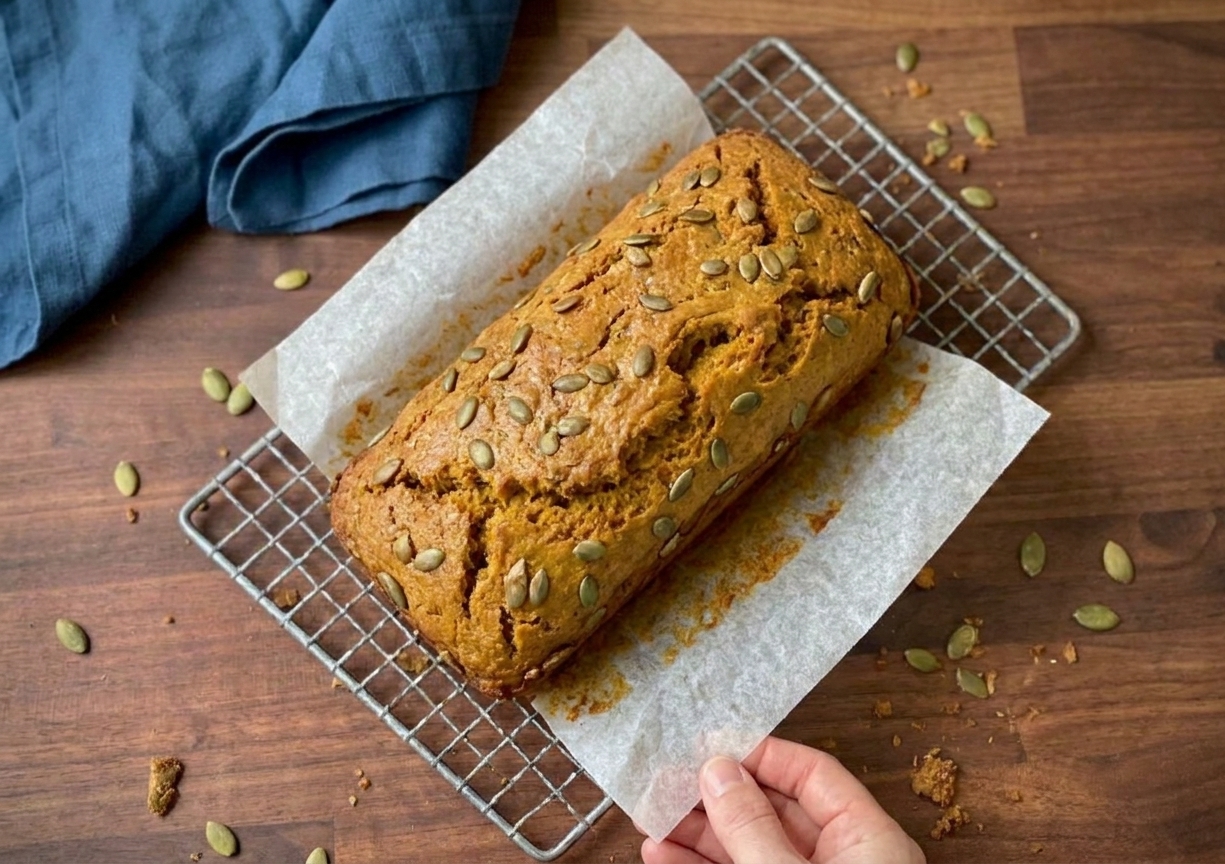 A baked pumpkin loaf cooling on a wire rack with parchment paper peeled back, on a kitchen counter in soft natural light