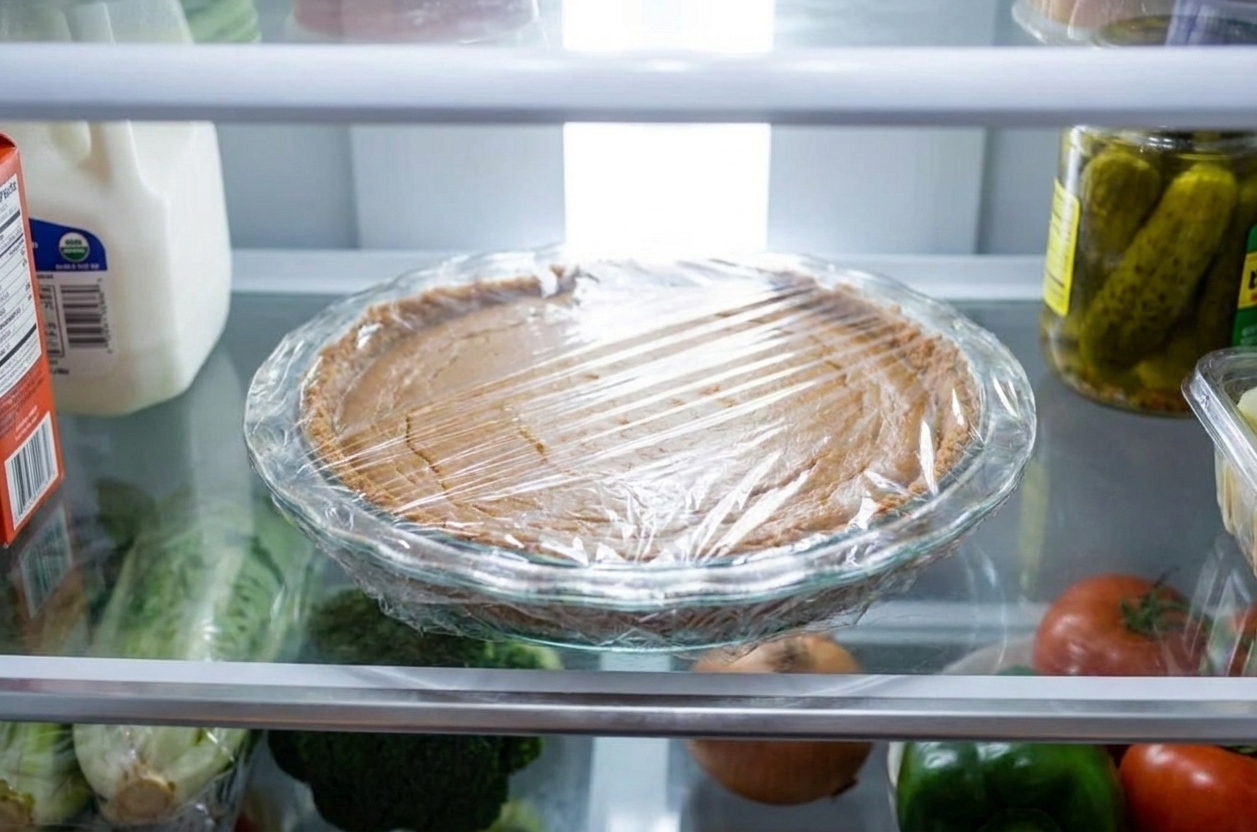 A baked pumpkin pie wrapped tightly in plastic wrap on a refrigerator shelf