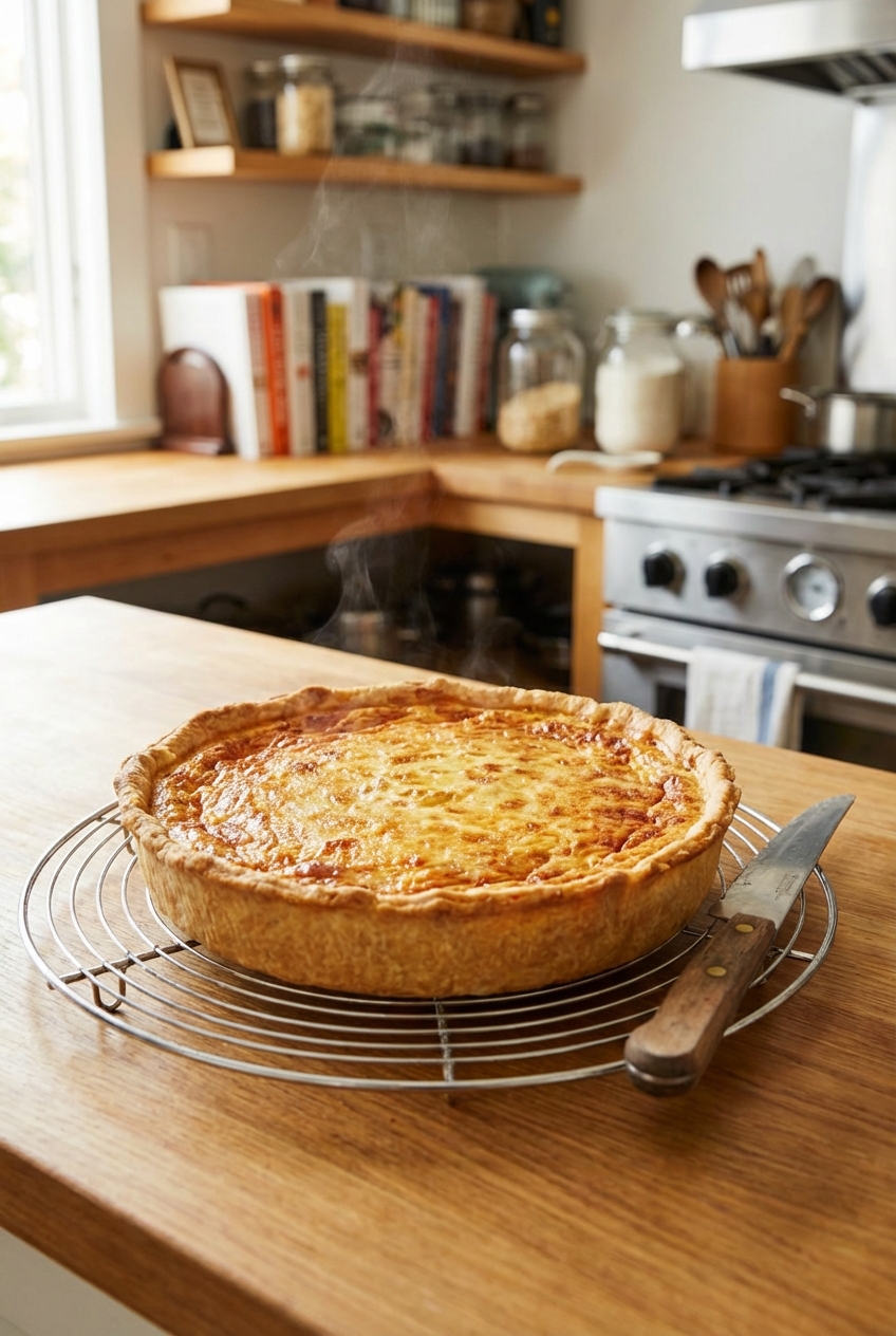 A baked quiche cooling on a wire rack with a knife nearby, crust golden and center set