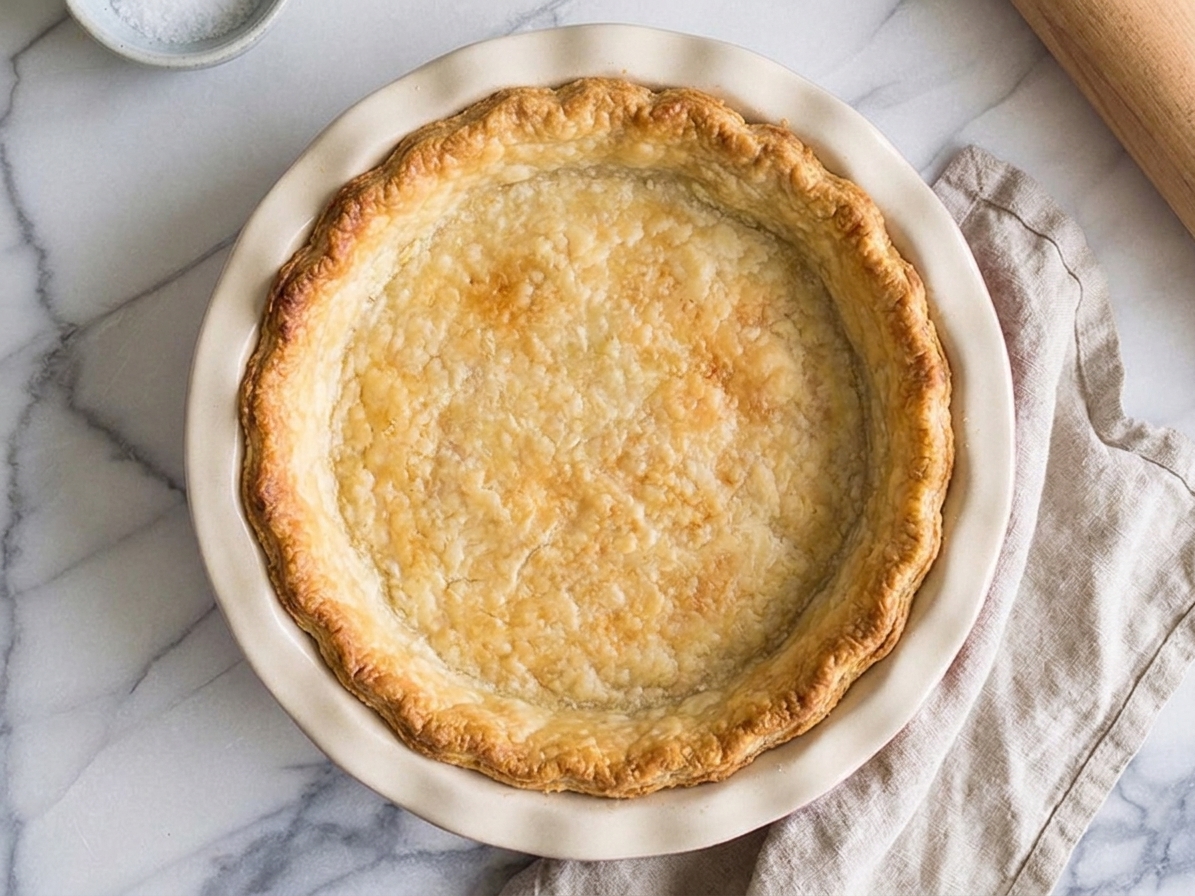 A baked quiche crust in a fluted tart pan on a light stone countertop, golden edges and a crisp bottom, with a linen towel nearby