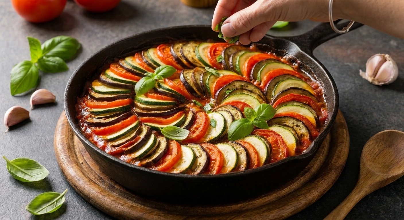 A baked ratatouille spiral in a black skillet with lightly browned edges and glossy sauce, resting on a wooden trivet