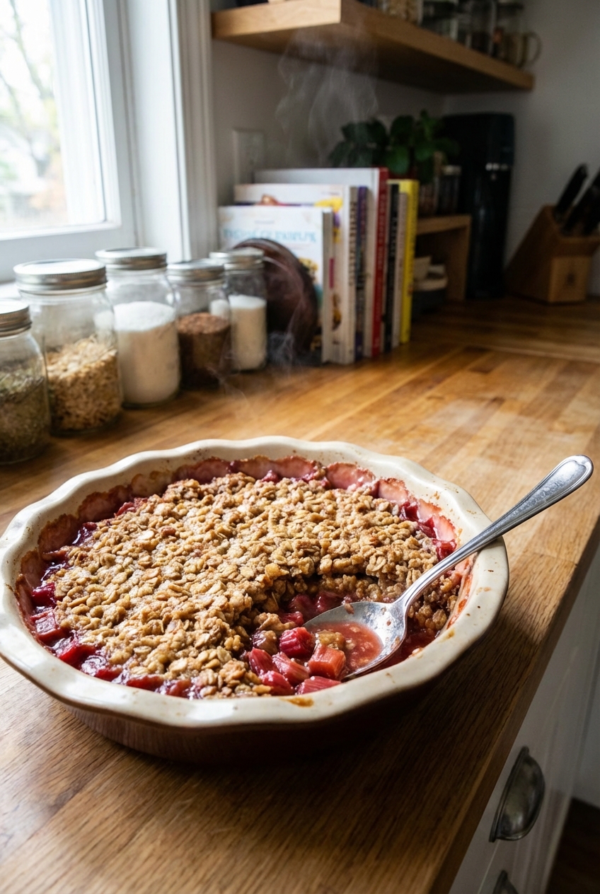 A baked rhubarb crisp cooling on a countertop with a spoon nearby