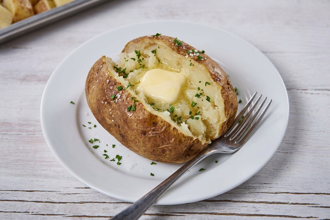 A baked russet potato split open with a fork-fluffed interior and a pat of butter melting into the center on a dinner plate